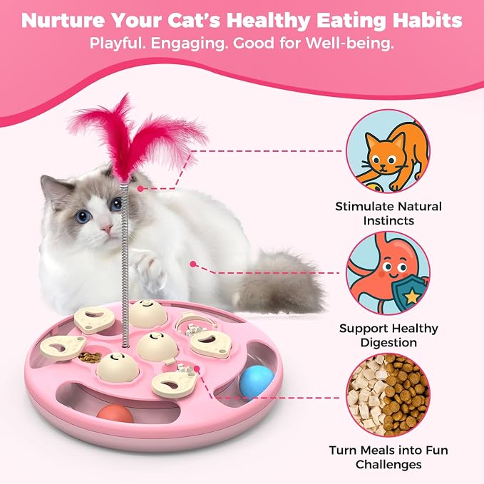 3 in 1 Cat Treat Puzzle Feeder, Level 3 Interactive Cat Puzzle Toy with Track Balls, Feather Teaser & Slow Feeder Insert, Non-Slip Base, Mental Stimulation for Bored Indoor Cats, Pink