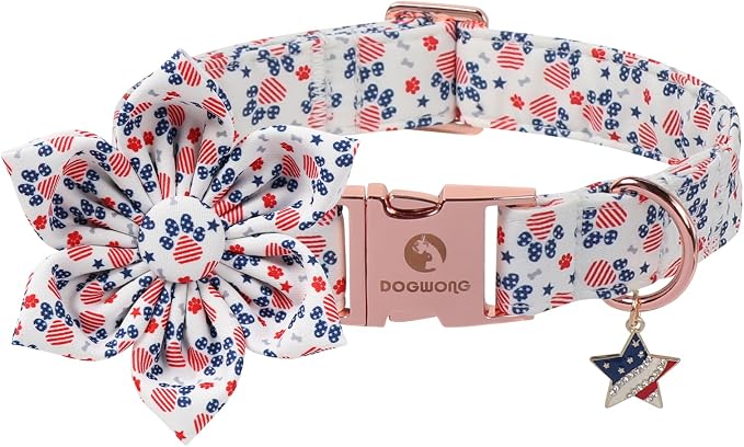 4th of July American Flag Dog Collar, DOGWONG Red Blue Flower Dog Collar with Metal Adjustable Buckle,Soft and Comfortable Independence Day Dog Collars for Small Dogs,S