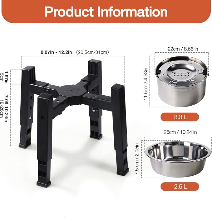 Marchul Elevated Dog Bowl with Stand, 2.5L Food Bowl and 3.3L Splash-Proof Floating Water Bowls with Large Capacity Stainless Steel, Adjustable Height & Width, Anti-Slip Stand for Medium Large Dogs
