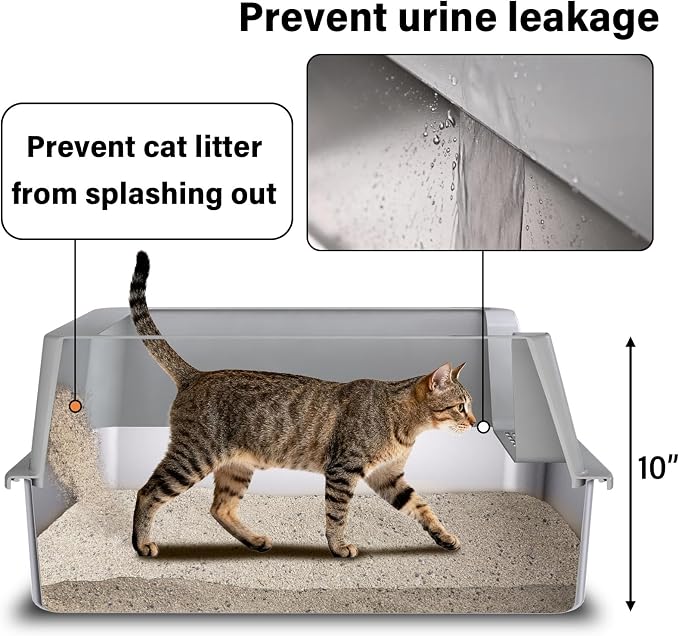 2PCS Stainless Steel Cat Litter Box with Lid Large to XL,Metal Litter Box High Sides for Big/Multiple Cats,Open Design,Indoor,1-Mat and 1-Scoop,Easy to Clean, No Odor,Anti-Urine Leakage