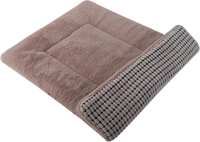 Reversible Dog Bed Mat with Plush and Corn Velvet,Soft Warm Pet Cushion, Dual Purpose Washable Sleeping Mattress Bed for Small Medium Large Dog and Cat XB004 (42"x28", Khaki)
