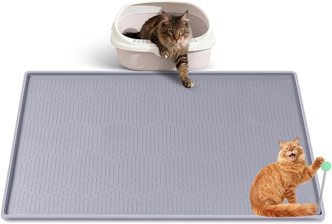 Silicone Cat Litter Box Mat 34'' x 22'' Cat Mat with Toy, Grey | Extra Large Litter Mat with lip, Non-Slip Waterproof Cat Litter Mat Litter Trapping Mat for Floor, Easy to Clean
