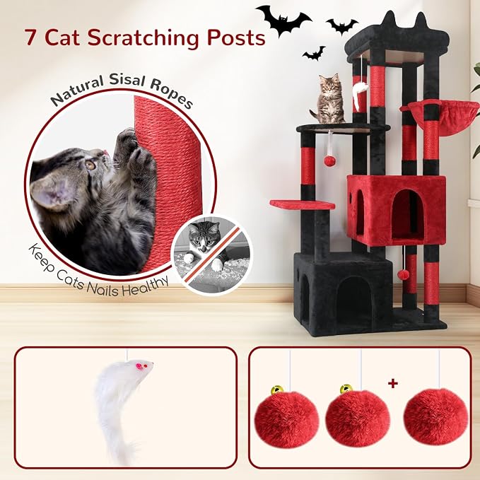 Globlazer Heavy Duty Cat Trees for Big Cats Maine Coon, F61, Blood-Goth | Gothic Cat Tower for Indoor Large Adult Cats with Scratching Post, Extra Large Top Perch, Cat Condos, 61inch