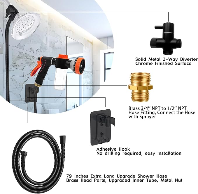 Dog Washing Hose Attachment for Pet Bathing with Black 3 Way Shower Diverter, Dog Wash Hose Nozzle Shampoo Sprayer for Pet Grooming Shower, Dog Shower Attachment for Bathroom