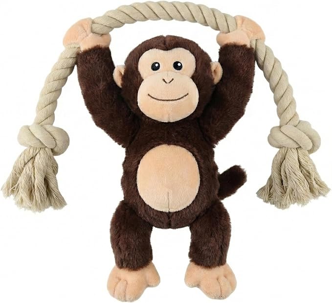 Native Pup Dog Toy Rope and Plush Stuffed Squeaker, Tug of War Toys for Dogs, Puppy Welcome Home Add on for Pets (Monkey)