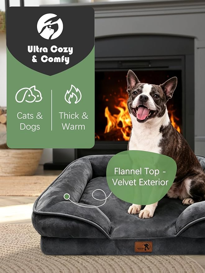 Spotted Play Orthopedic Dog Bed with Sides - Sofa Beds for Small Dogs, Supportive Foam Pet Couch Bed with Washable Removable Cover, Waterproof Lining and Non-Slip Bottom, Dark Grey - S