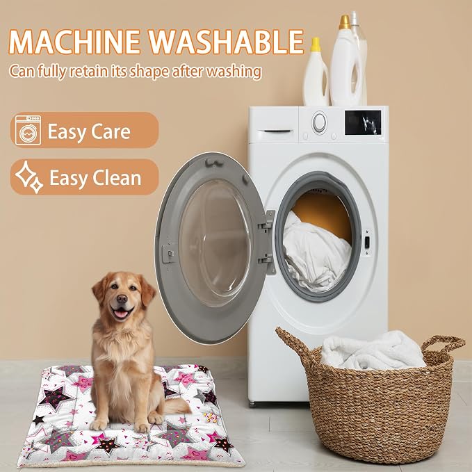 HOSIMA Star Pattern Pet Bed Mat,Fuzzy Washable Pet Crate Pad,Soft Cozy Dog Sleeping Mat,Plush Pad Suitable for Large Fluffy Dog Bed,42L*32W Inch,White.