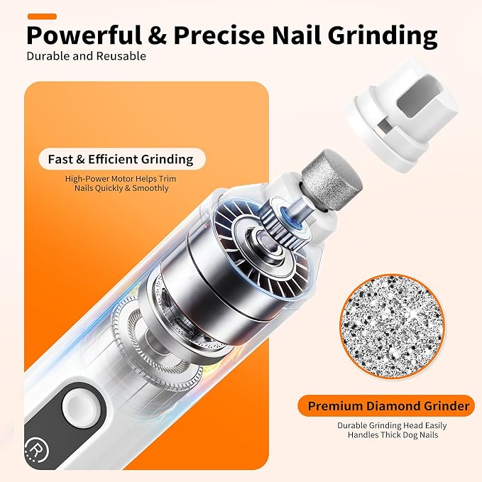 Dog Nail Grinder Whisper-Quiet Electric Cat Nail Trimmer with Light | 3 Grinding Bits, Smart Display, Low Vibration, Stress-Free Nail Grooming for Pets with Claw, No Over-Cutting, Rechargeable