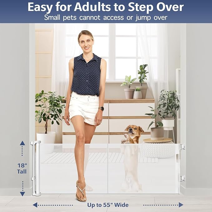 Reinforced 18" Tall Retractable Gate Step Over Dog Gate, 55" Wide Mesh Gate Short Pet Gate Indoor/Outdoor Retractable Dog Gate, Small Gates for Pets Puppy Gates for The House - No Bottom Squeeze/White