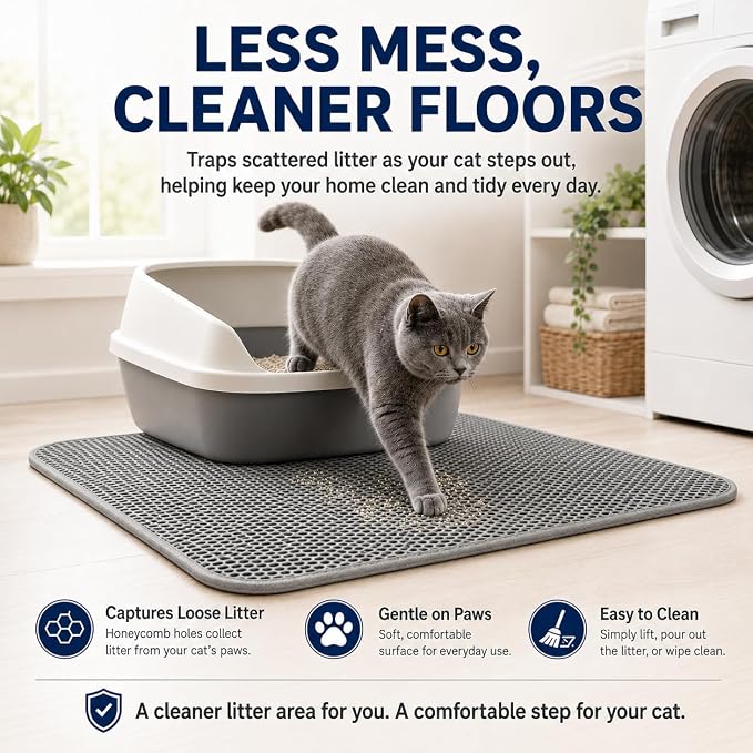 Cat Litter Mat 24 x 18 Inch, Double-Layer Honeycomb Litter Trapping Mat with Waterproof Leatherette Bottom, Urine-Resistant, Non-Slip, Easy to Clean, Gray