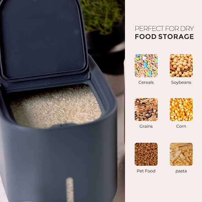 Zuutii Rice Storage Container, Dry Food Bin, Pet Dog Cat Dispenser, 6.9Qt Large Bin with Lid & Measuring Cup, Airtight Silicone Sealed Moisture Proof, for Grain Cereal Soybean Corn (DarkGray) (ZTFC)
