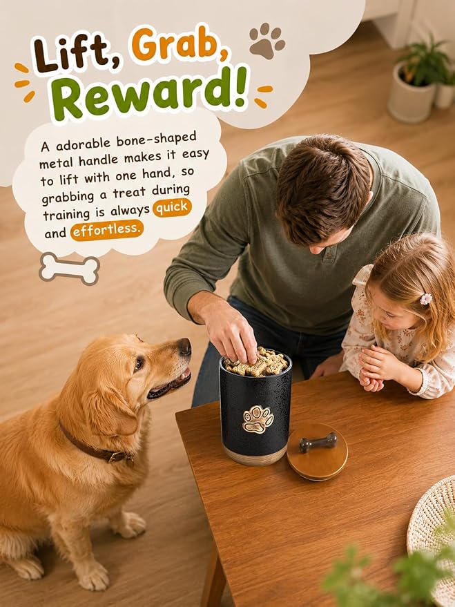 Miamolo Dog Treat Storage Container, Ceramic Dog Treat Jar with Airtight Lid, Puppy Treats Food Canister for Kitchen Counter Farmhouse Decor, Gift Doggie Snack Jar for Counter, Paw Glinting Black