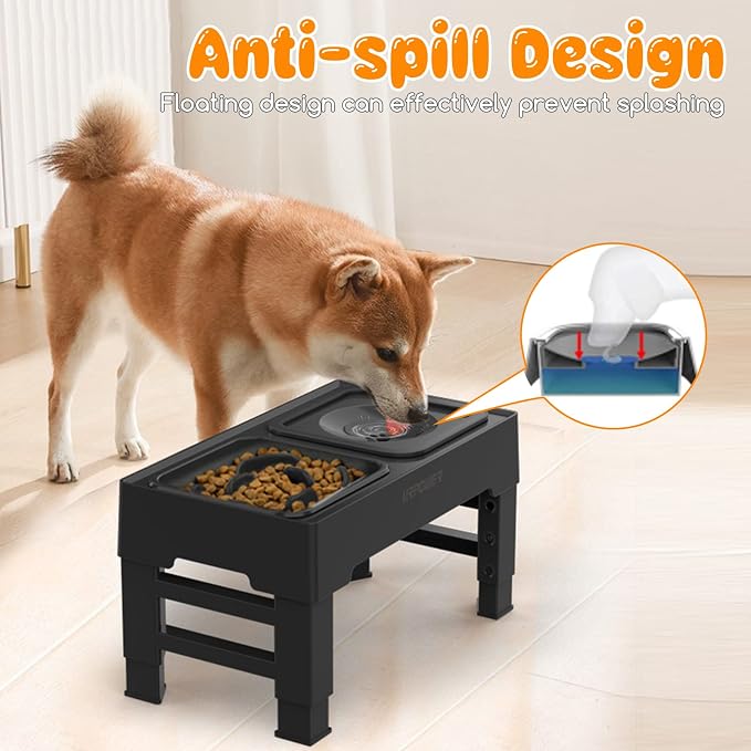 URPOWER 2-in-1 Elevated Slow Feeder Dog Bowls with No-Spill Water Bowl | 4 Height-Adjustable Raised Dog Bowls, Non-Slip Food and Water Bowls with Stand for Small, Medium, Large Dogs, Cats and Pets