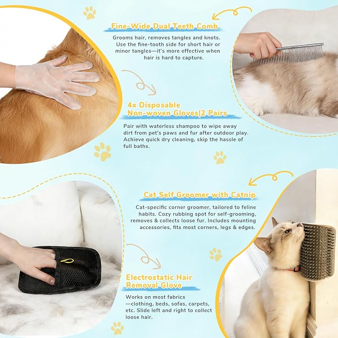 10Pcs Mist Spray Brush Kit for Cats & Dogs, Hair Health & Grooming Set with 100ml Waterless Shampoo, Cat Scratcher w/Catnip, Nail Clippers, Toothbrush, Comb, Eye Ear Paw Dry Wipes & Gloves, Gift-Set