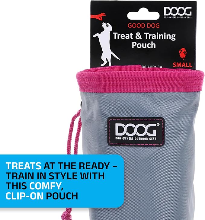 DOOG Clip On Dog Treat Pouch (Small) - Compact Hands-Free Puppy Training Reward Bag with Secure Waist Clip, Pull-String Closure & Washable Inner Lining - Grey/Pink
