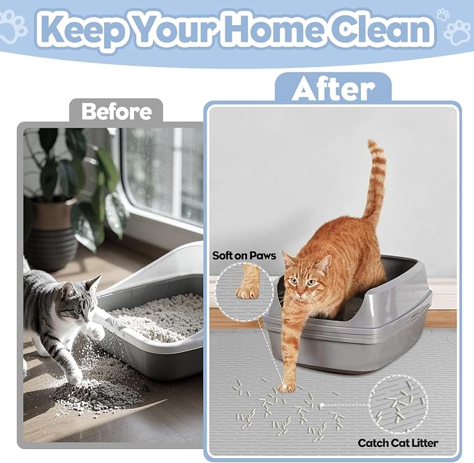 Silicone Cat Litter Mat for Litter Box 40”x28” Large Cat Mat, Light Grey | Waterproof, Non-Slip, Leak-Proof Rug Mat with Lip, Easy to Clean, Extra Large Litter Catcher Mat for Floor