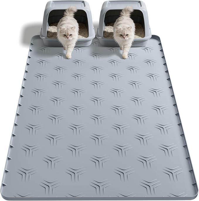 Cat Litter Box Mat, 40"*28" Large Silicone Cat Litter Trapping Mat | Non-Slip Gray Kitty Litter Mat for Indoor Cats, Waterproof Pet Food Mats Easy to Clean & Soft on Kitty Paws