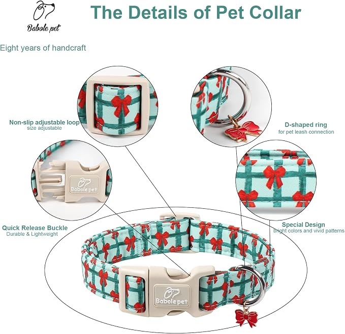 Christmas Dog Collar for Small Dogs - Cute Festive Plaid with Red Bow Christmas Collars for Dogs, Soft Adjustable New Year Dog Collars with Quick Release Buckle S