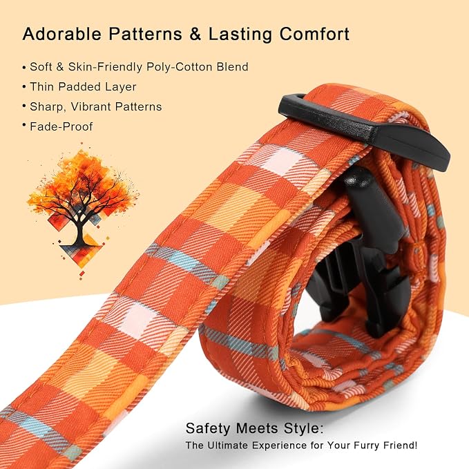 Fall Dog Collar Cute Orange Plaid Puppy Collar - Light Comfortable Adjustable Pet Collars for Small Medium Large Girl Boy Dogs XS