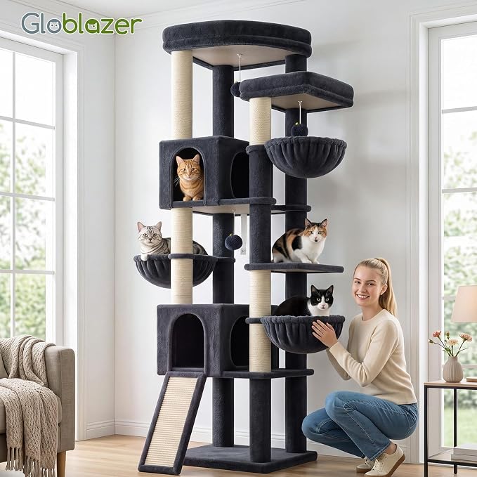Globlazer 77in Cat Tree Tower for Indoor Cats Large Adult, F77, Dark Grey | Heavy Duty Multi-level Climbing Tower with 6 Scratching Posts & Board, 2 Roomy Condos, 2 Padded Perches, 3 Sturdy Baskets