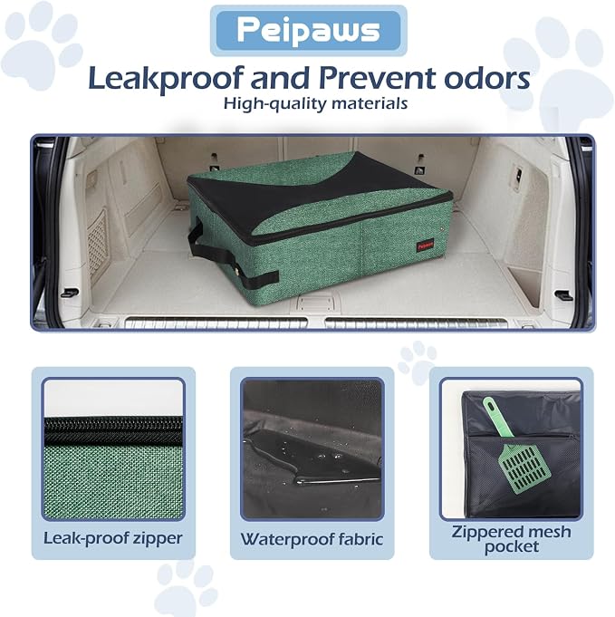 Portable Cat Travel Litter Box. Zipped Lid, Collapsible Litter Box for Cats. No Leakage, No Smell. Easy to Carry. Used for Hotels, Camping, Car (Green,L)