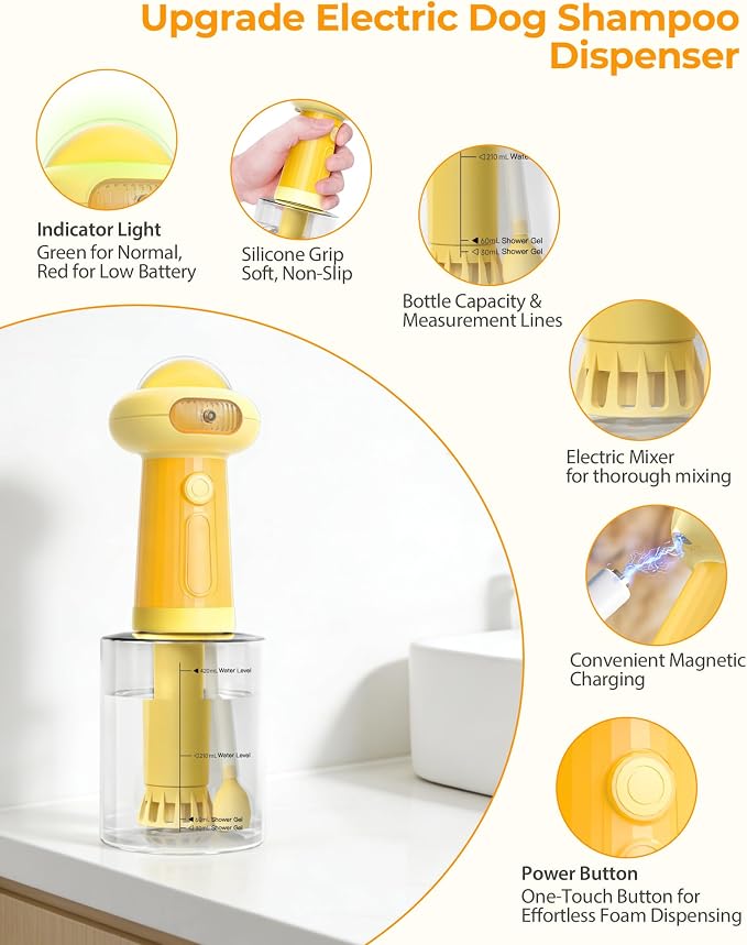 Electric Dog Shampoo Dispenser with Auto Mixing, Magnetic Charging Dog Shampoo Foamer, 500ml Pet Shampoo Sprayer with LED Indicator & Silicone Grip, IPX7 Waterproof Dog Soap Dispenser