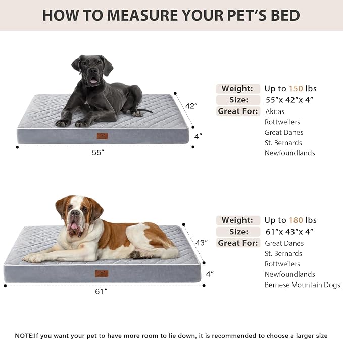 WNPETHOME Orthopedic Giant Human Dog Beds for Adult & Dog Cozy Sleep | Human Washable Waterproof Dogs Bed with Removable Cover, Multi-Needle Quilting Dogs Crate Bed for Relax，LightGrey 61x43Inch