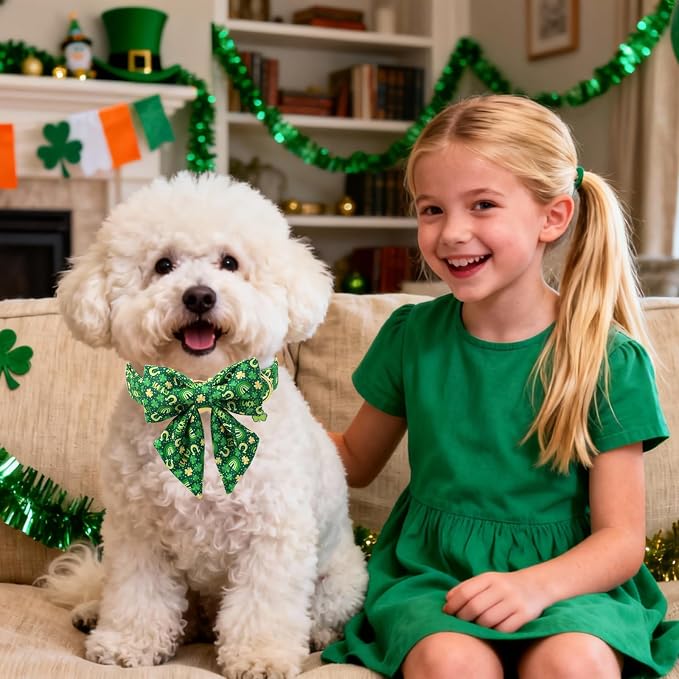 DOGWONG St. Patrick's Day Dog Collar with Sailor Bow Tie- Lucky Shamrock Bowtie Collar for Girl Boy Dog, Trefoil Dogs Collars Durable Adjustable, M