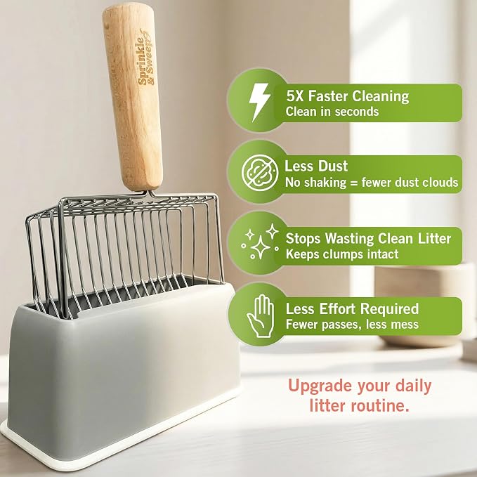 Cat Litter Scoop, Metal Litter Scooper – 5X Faster No-Shake Sifting Design, Stainless Steel Litter Scoop with Holder, Reduces Dust & Waste – Sprinkle & Sweep