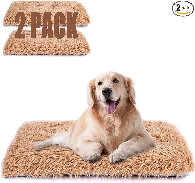 Machine Washable Dog Bed, Deluxe Plush Dog Crate Pad and Cat Bed, Anti-Slip Bottom Kennel Pad Mat, Fuzzy Pet Beds for Large, Medium, Small Dogs Breeds (Light Coffee, 24.0"L x 18.0"W x 3.0"Th x 2 PACK)