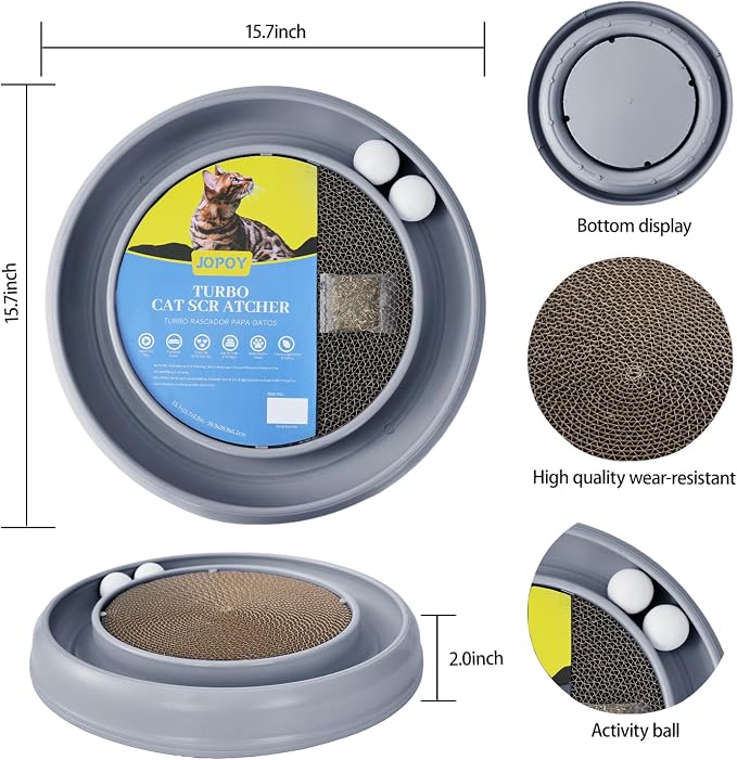 Cat Scratcher Toy Ball Track, Grey | Round Interactive Scratching Board, Exercise Set, For Indoor Cats, Mental & Physical Stimulation
