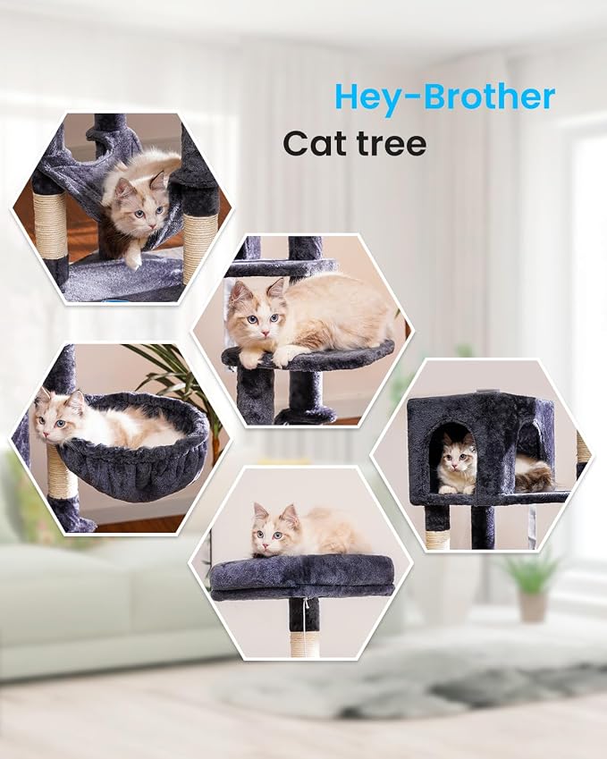Hey-brother Cat Tree, Multi-Level Sisal Covered Scratching Posts, MPJ050G | 60.6 Inches Tower with Condo, Large Hammock, Top Perch, Toy Ball for Indoor Multi-Cats Households, Smoky Gray