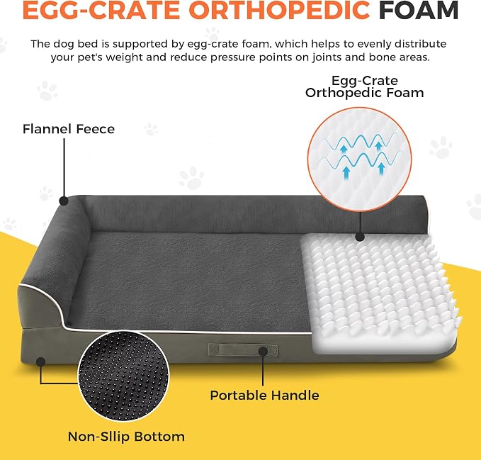 Dog Bed Large Sized Dogs, XXL Orthopedic Dog Bed for Large Dogs, Waterproof Pet Bed with Washable Removable Cover, L-Shaped Pet Couch with Portable Handle 48"x35"x7.5", Olive Green