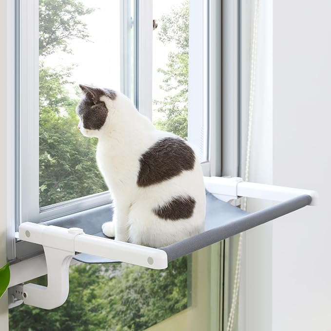 Cat Window Perch, Cat Hammock Window Seat with Sturdy Metal Frame for Large Cats and Kittens, Easy to Adjust for Windows & Bedsides, No Suction Cup No Drilling