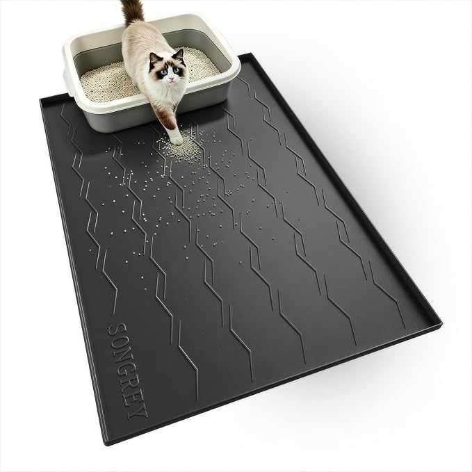 Songrey Silicone Cat Litter Mat 34" x 22", Large Litter Trapping Mat, Black | Waterproof, Urine-Proof Litter Box Mat for Floor, Soft on Kitty Paws, Easy To Clean, Cat Supplies, Pet Feeding Mat