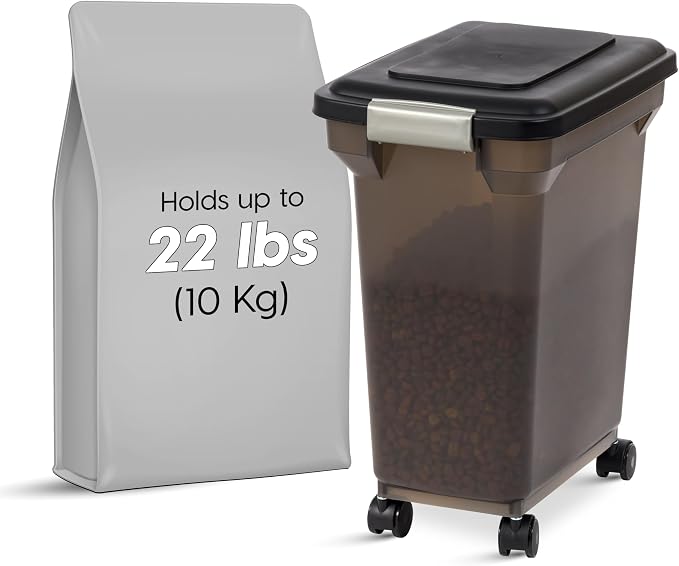 IRIS USA Dog Food Storage Container, Up to 22 lbs, Smoke, Made in USA | Wheels for Mobility, Airtight Seal, BPA-Free, Best for Cat Food, Bird Seed, Chicken Feed, Pet Toys, Treats, Pellets