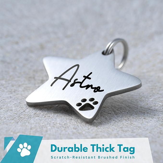 Ultra Joys Dog Tags Personalized for Pets - Hollow Paw Custom Pet ID Tag - Engraved Dog Tag for Small, Large Dogs - Large Star in Silver