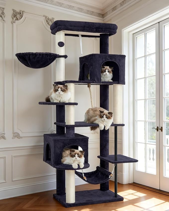 Cat Tree, Cat Tower with Sturdy Steel Tube, Large Perch GCT024G | 70.5'' Cat Furniture with Scratching Post, Hammock, Basket and Big Platform for Indoor Cats Large Adult, Drak Gray
