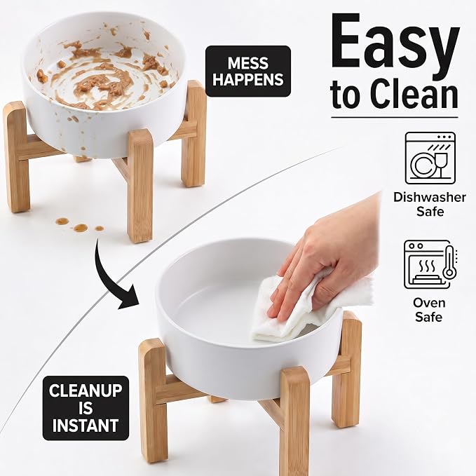 hjn Elevated Ceramic Dog Bowl 15°Slanted Raised Dog Bowl with Bamboo Stand for Small Medium Dogs and Cats, Pet Feeder -7.6-Cup (1800ml)-White