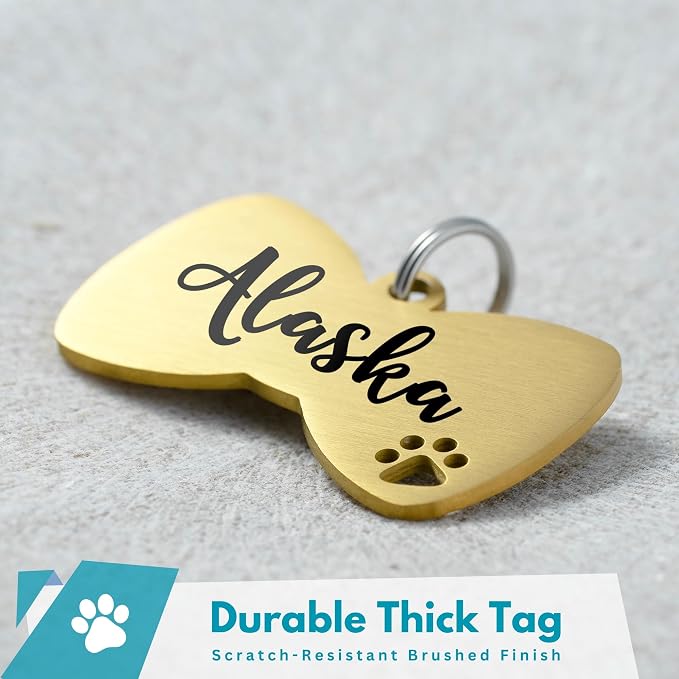 Ultra Joys Dog Tags Personalized for Pets - Hollow Paw Custom Pet ID Tag - Engraved Dog Tag for Small, Large Dogs - Small Bow Tie in Gold