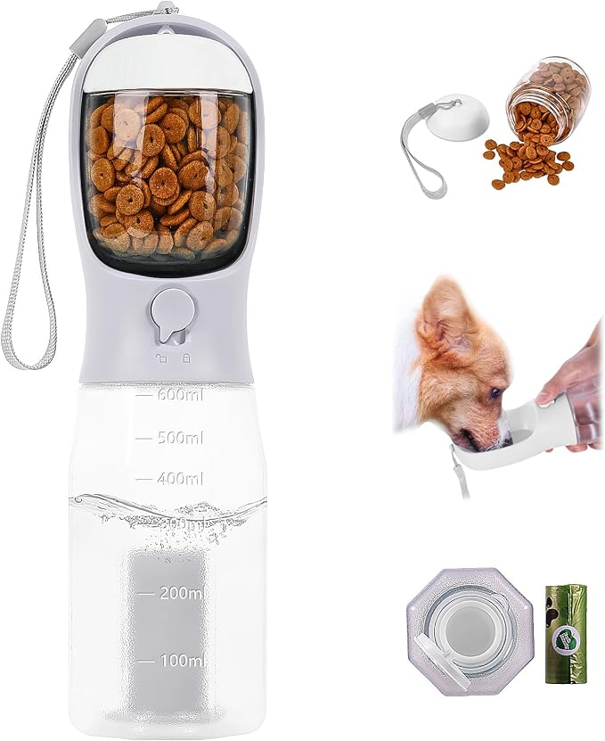 3-in-1 Portable Dog Water Bottle Dispenser,Crate with Food Container, Replaceable Waste Bags,Dog Stuff Accessories Items, Puppy Essentials Necessities,for Walking&Hiking (20oz-White)