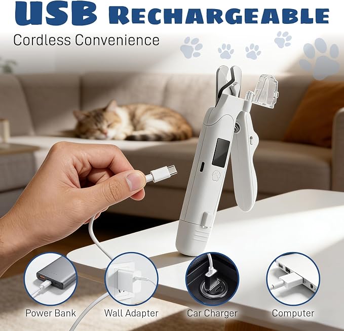 Dog Nail Clippers with Light, 2-in-1 Cat Nail Clippers - Electric Rechargeable Pet Nail Grinder Trimmer with LED Light & Safety Guard, Cordless for Small Medium Dogs Cats