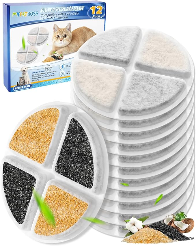 12 Pack Cat Water Fountain Filters, Filter Replacement Compatible with 101oz Cat Pet Water Fountains