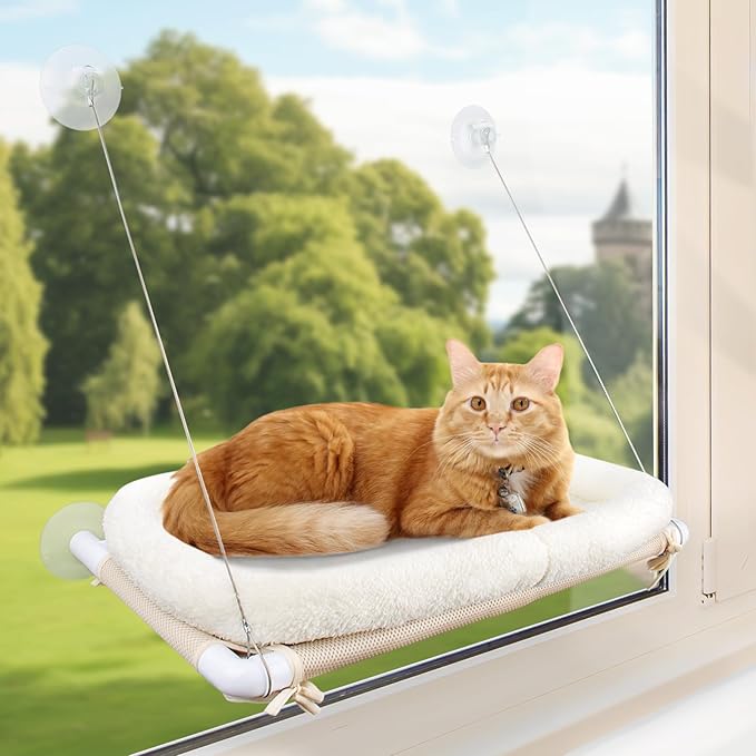 PEFUNY Fluffy Cat Window Bed for Indoor Cats – Strong Suction Cup Hammock with Breathable Mesh and Soft Cushion, Supports Large Cats