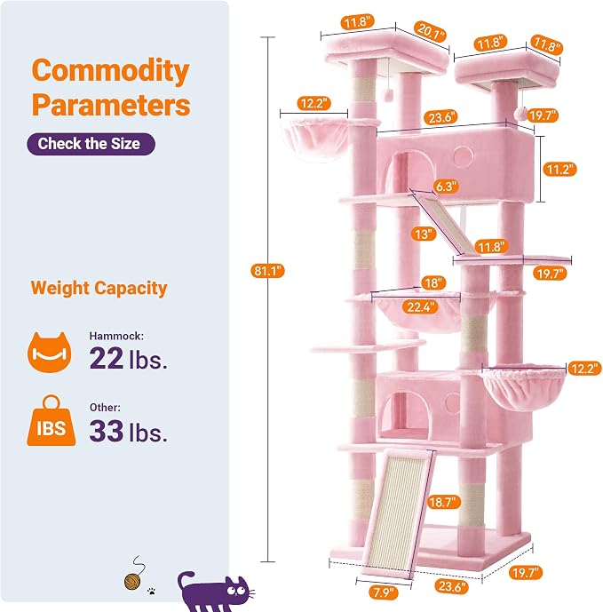 Allewie 81 Inches Tall Cat Tree/Multi-Level Large Climbing Tree House and Towers for Big Feline/Condo and Hammock/Scratching Post/Wide Base/Pink