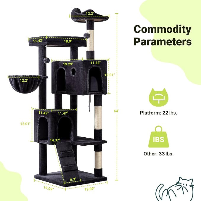 Allewie 64 Inches Multi-Level Cat Tree Tower for Indoor Cats, Dark Grey | Activity Center for Big Felines, 2 Plush Condos, 2 Perches, Cozy Basket, House, Sisal Scratching Posts, Hanging Cat Toys
