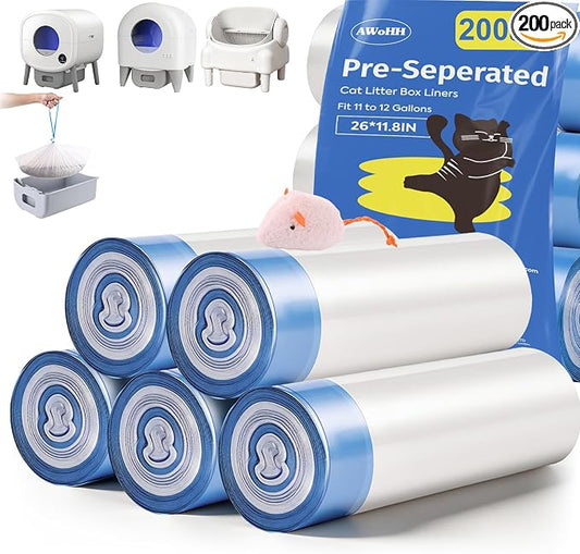 200 Count 26"x11.8" Self-Cleaning Cat Litter Bags - Heavy Duty Litter Box Liners for Cumrige Fumoi & Fsitego Automatic Litter Boxes - Pre-Separated Kitty Litter Bags with Drawstring(10-12 Gallon)
