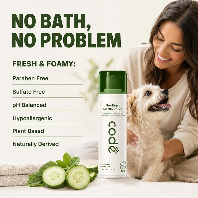 No-Rinse Pet Shampoo Foam, Waterless Dog Shampoo with Oatmeal, Aloe & Chamomile, Dog Shampoo Sensitive Skin, Hypoallergenic Dry Shampoo for Dogs, Cucumber Green Tea Scent, 7.8 fl oz