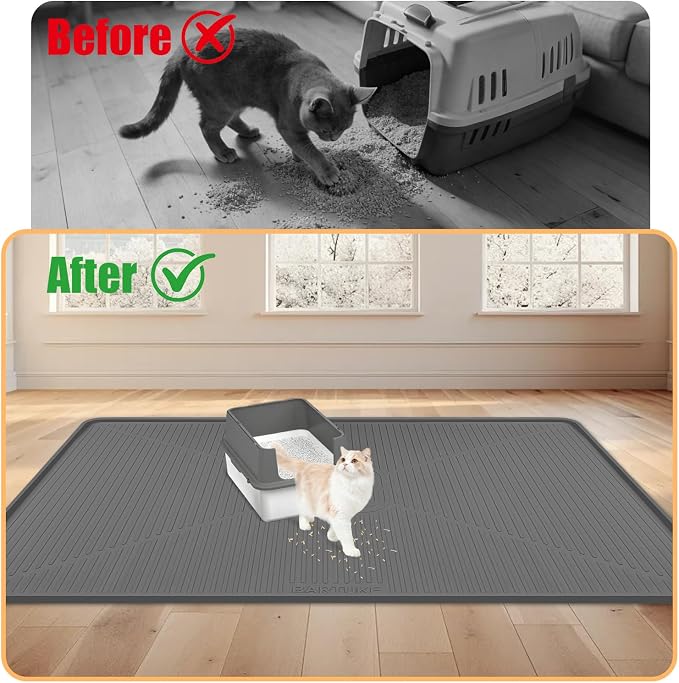 Silicone Cat Litter Mat 45" x 30" Cat Mat for Litter Box, Dark Grey | Extra Large Cat Litter Trapping Mat for Floor, Waterproof, Non-Slip Kitty Litter Box Mat with Raised Edge, Easy to Clean