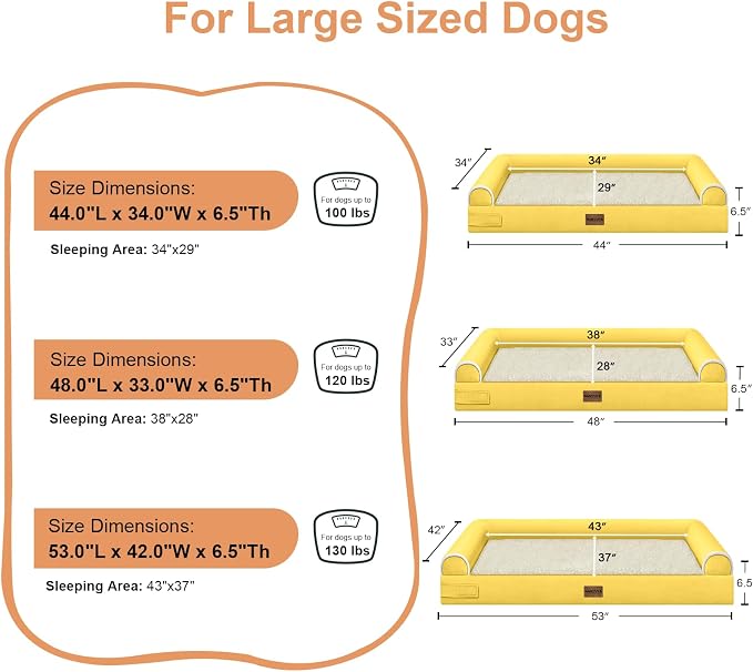 NANUYA Orthopedic Dog Bed for Jumbo Dogs, 53 x 42 Inch, Ginger | Egg crate foam for joint support, 3-sided bolster pet sofa, waterproof lining, washable cover, and non-skid base